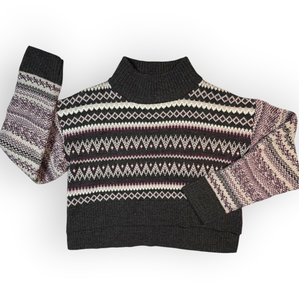 Fair Isle Wool Blend Mock Neck Cropped High Lo Sweater Grey Purple L Nordic Cozy